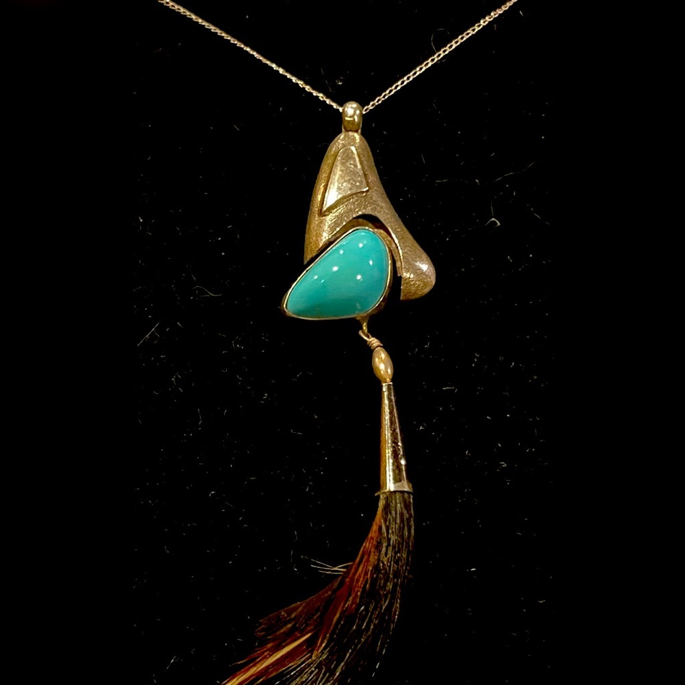 Sterling Silver 18” Chain with Navajo “BC” Turquoise Stone and Feather Pendant